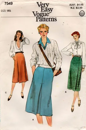 Very Easy Vogue 7549 Womens HALF SIZE Pleated A Line Skirts 1970s Vintage Sewing Pattern Waist 31 inches UNCUT Factory Folded