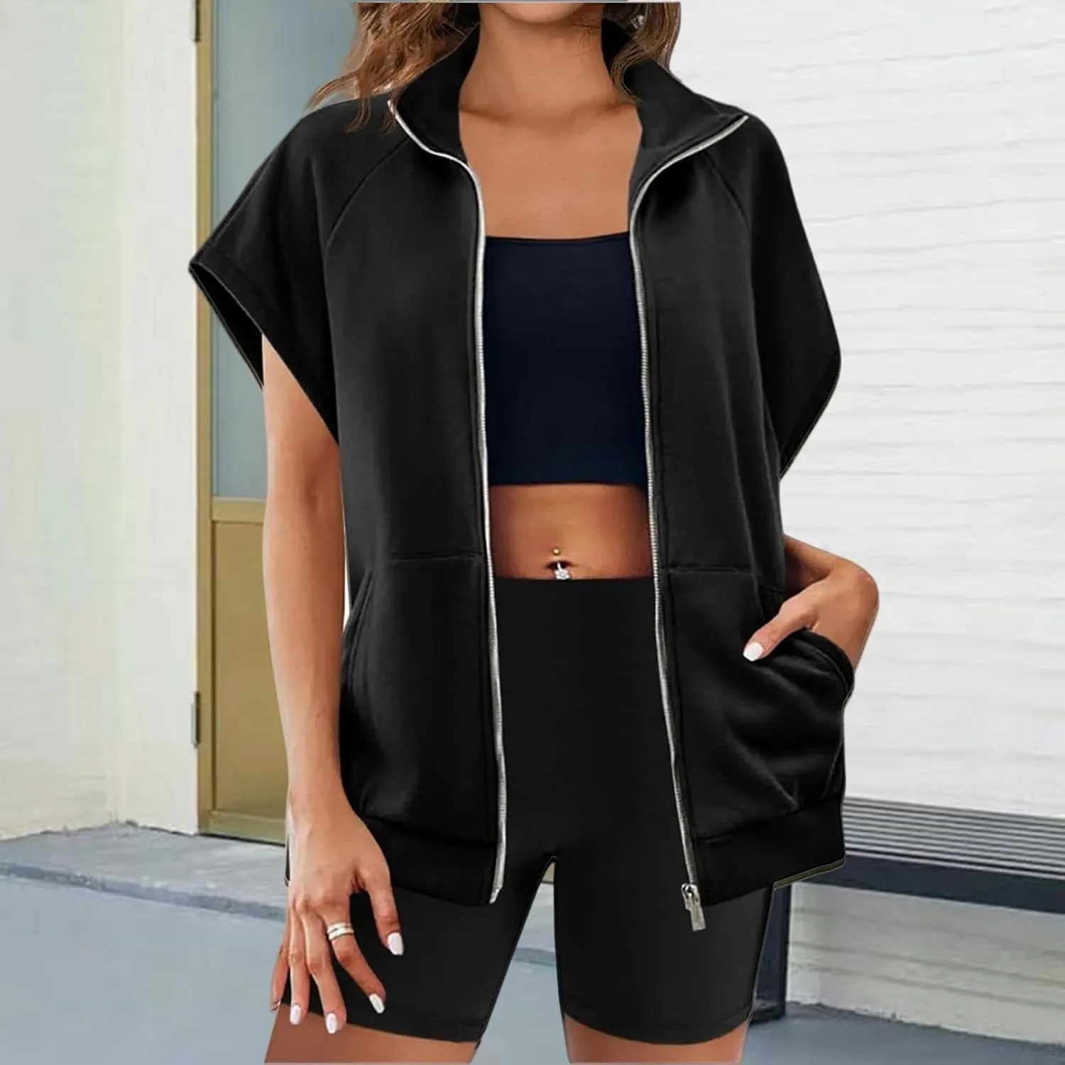 Vest for Women Short Sleeves Full Zip Up Lightweight Sweatshirt Summer Casual Jackets Outerwear Vests Tops with Pockets