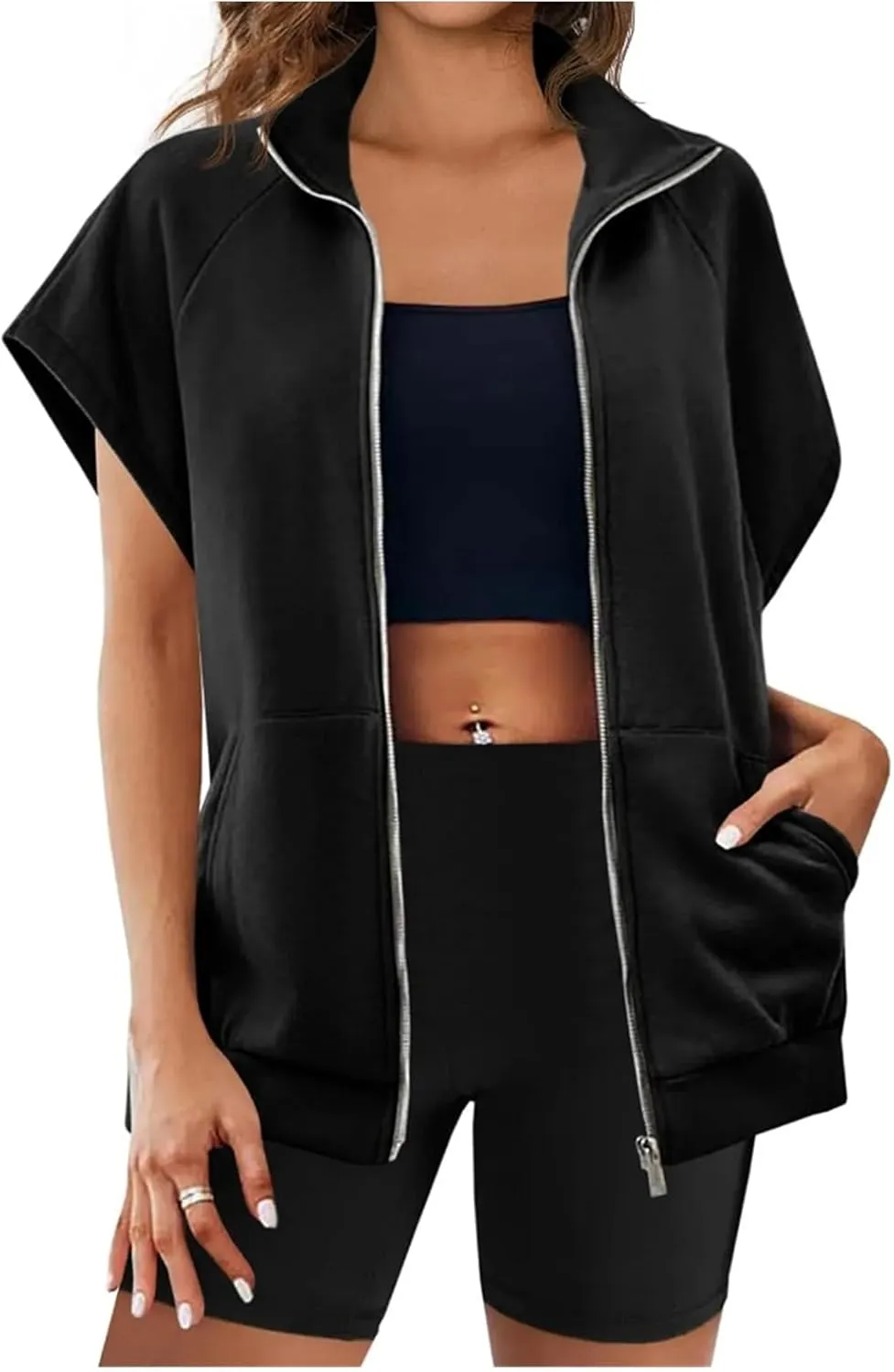 Vest for Women Short Sleeves Full Zip Up Lightweight Sweatshirt Summer Casual Jackets Outerwear Vests Tops with Pockets