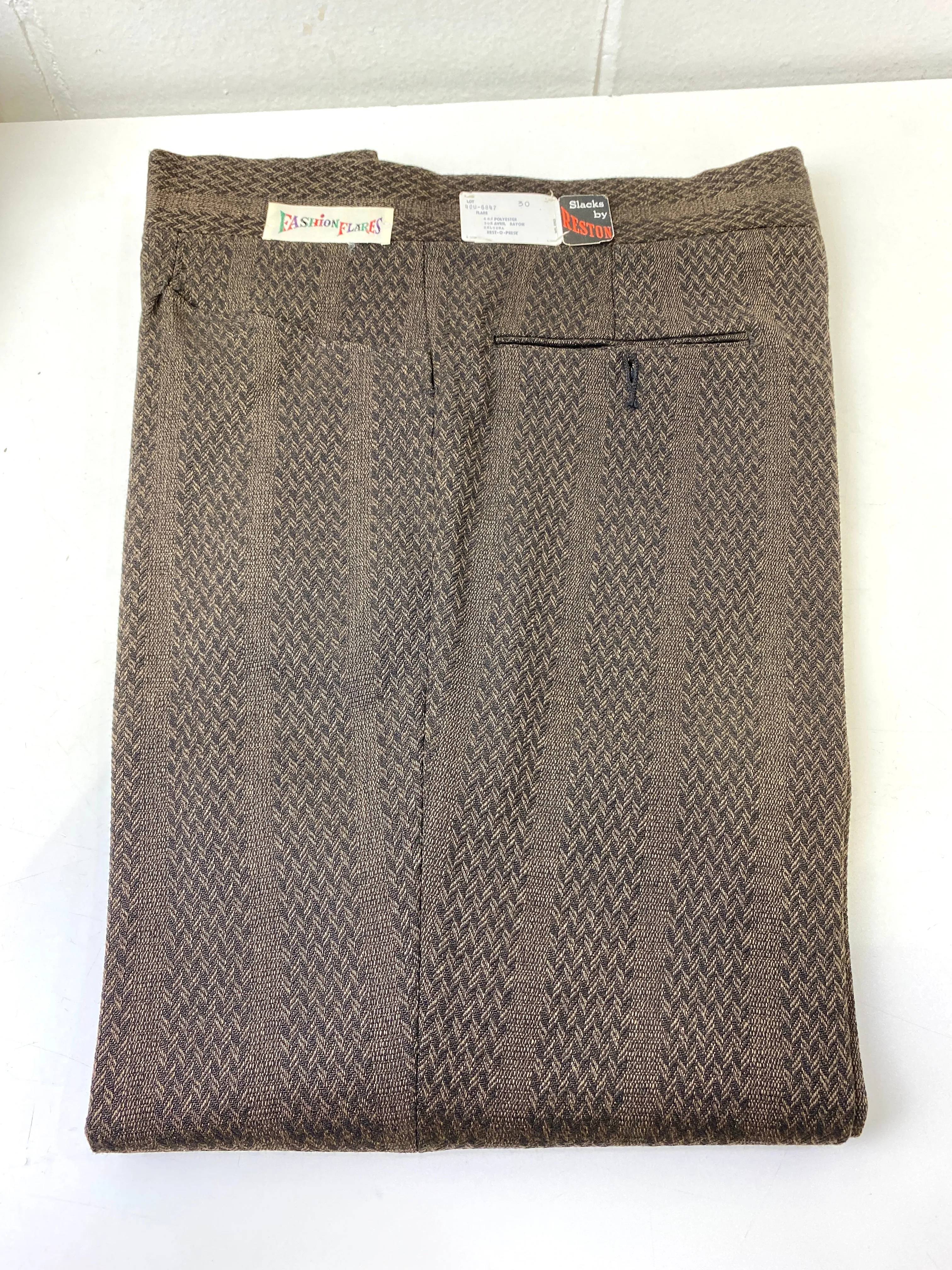 Vintage 1970s Deadstock Flared Trousers, Men's Brown Herringbone Slacks, W29