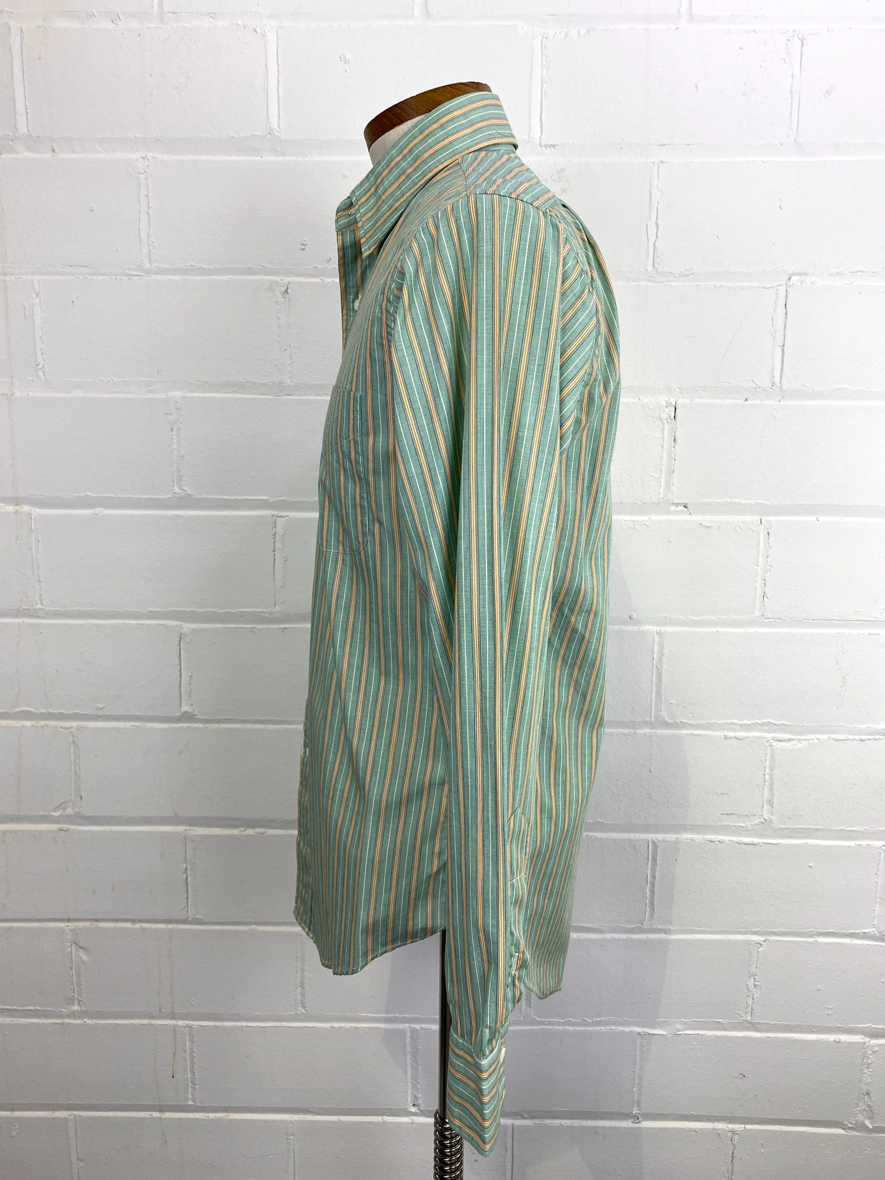 Vintage 80s Men's Green & Yellow Stripe Cotton Button-Up Shirt, Bert Pulitzer