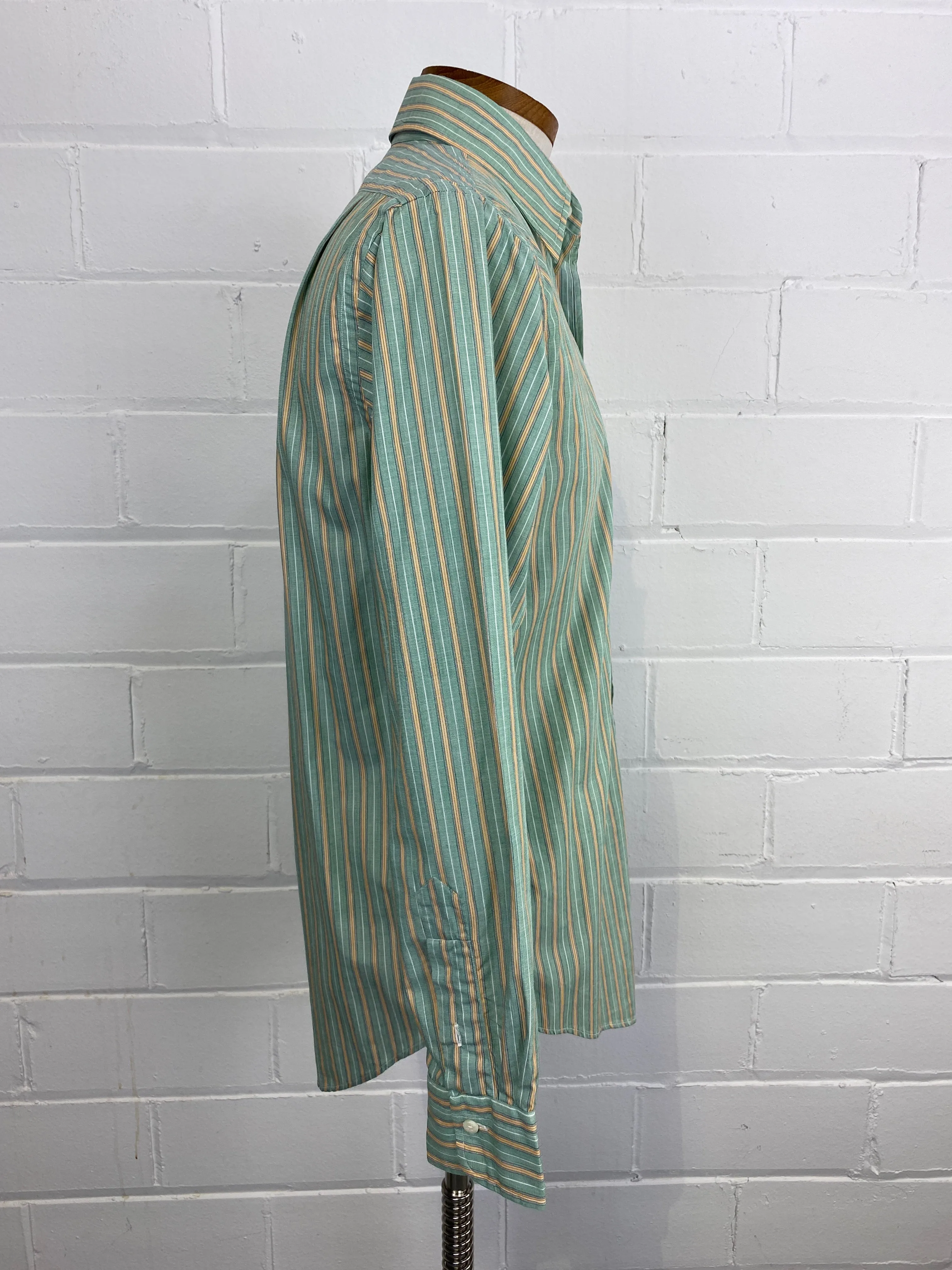 Vintage 80s Men's Green & Yellow Stripe Cotton Button-Up Shirt, Bert Pulitzer
