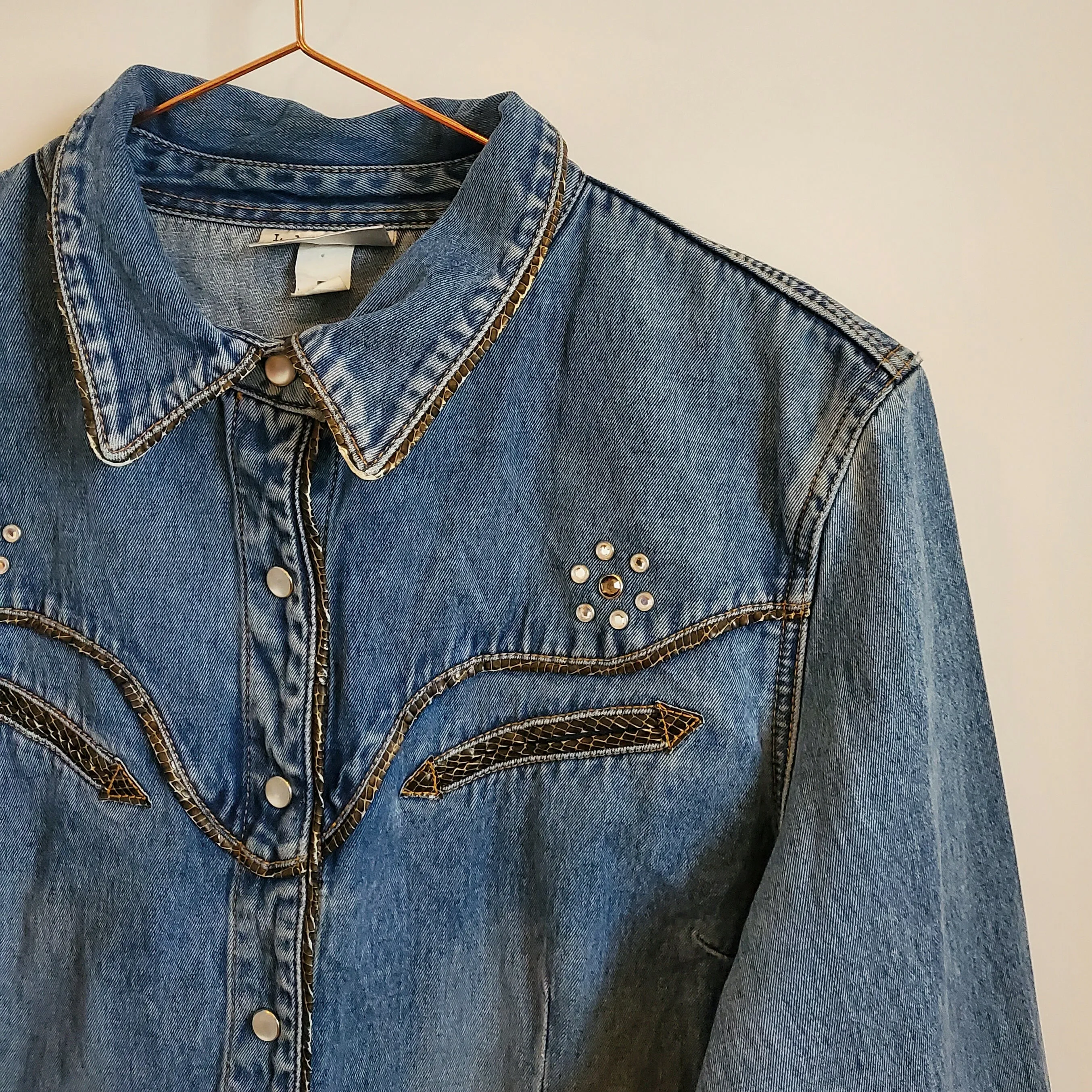 Vintage 90s Faux Snake Skin Trim Denim Shirt | Size 12