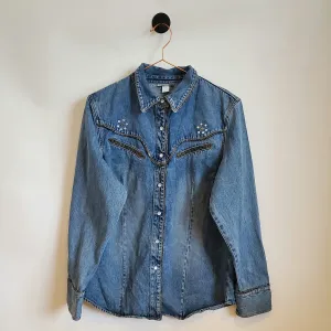 Vintage 90s Faux Snake Skin Trim Denim Shirt | Size 12