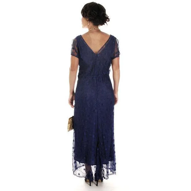 Vintage ART Deco Bright Blue Spider Web Lace Bias Cut Gown 1930s 38-36-46