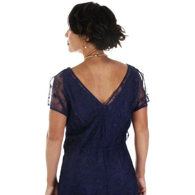 Vintage ART Deco Bright Blue Spider Web Lace Bias Cut Gown 1930s 38-36-46