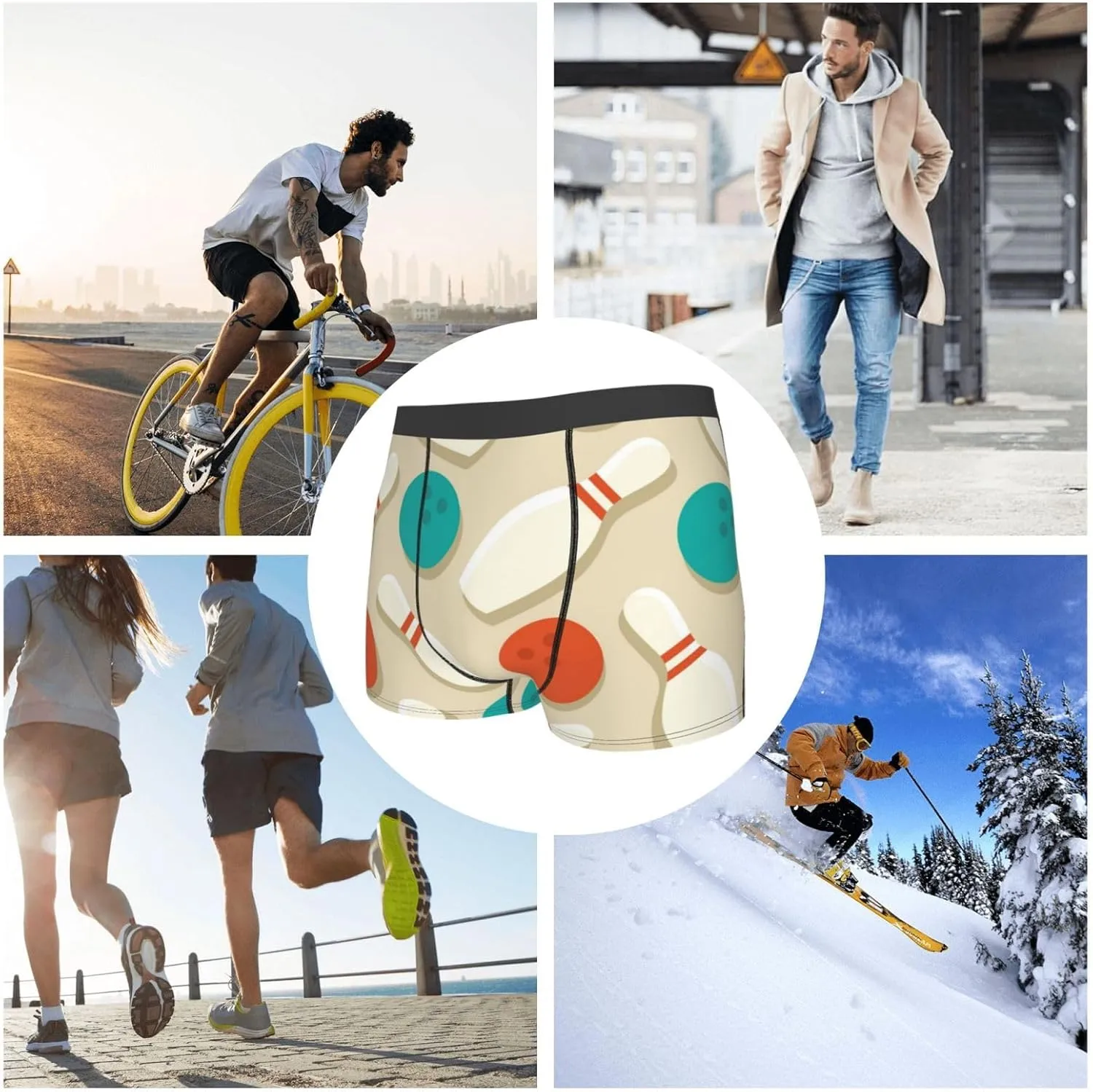Vintage Bowling Print Boxer Briefs For Men Breathable Underwear-