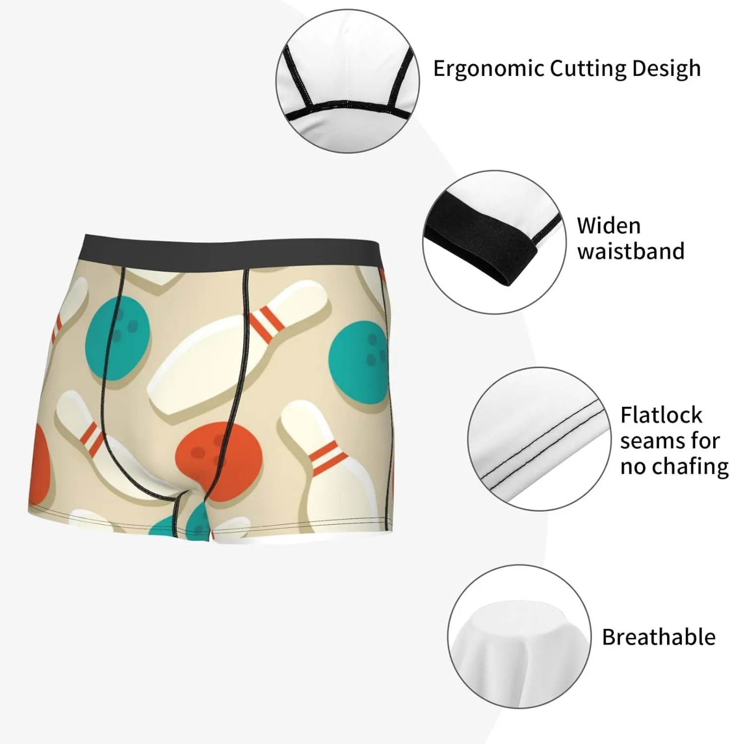 Vintage Bowling Print Boxer Briefs For Men Breathable Underwear-