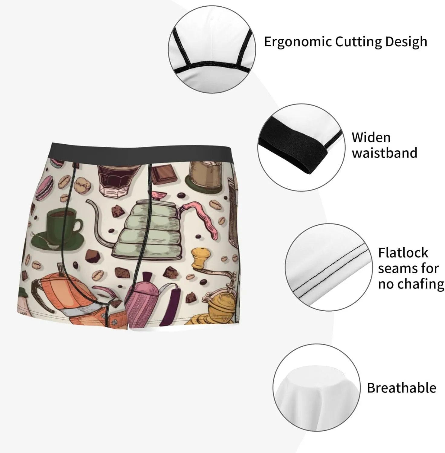 Vintage Coffee Print Boxer Briefs For Men Breathable Underwear-