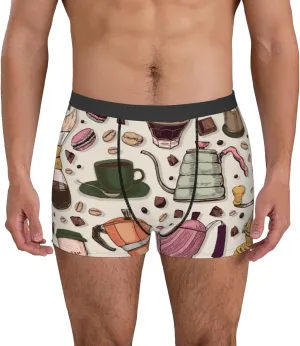 Vintage Coffee Print Boxer Briefs For Men Breathable Underwear-