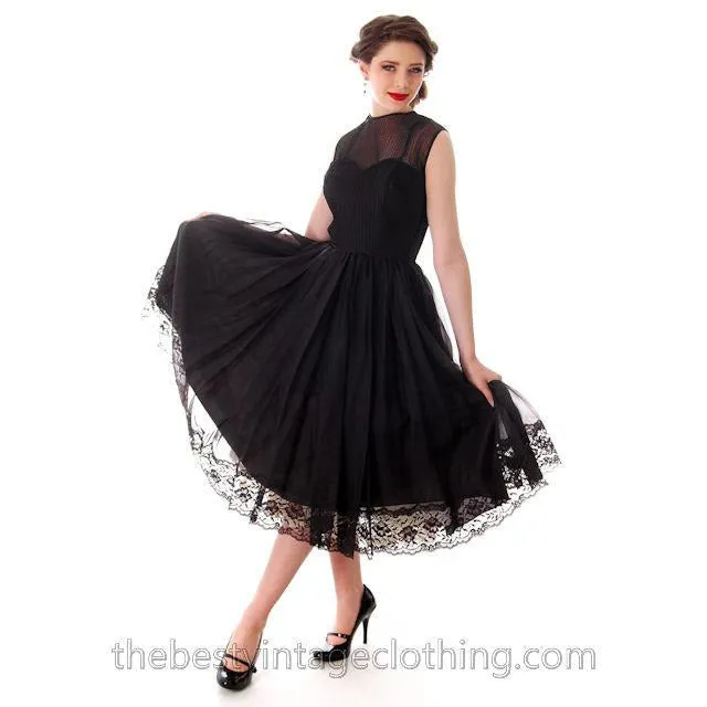 Vintage Dance Time by Phyllis Dress Black Sheer Full Skirt 1950s 31-24-FREE Small