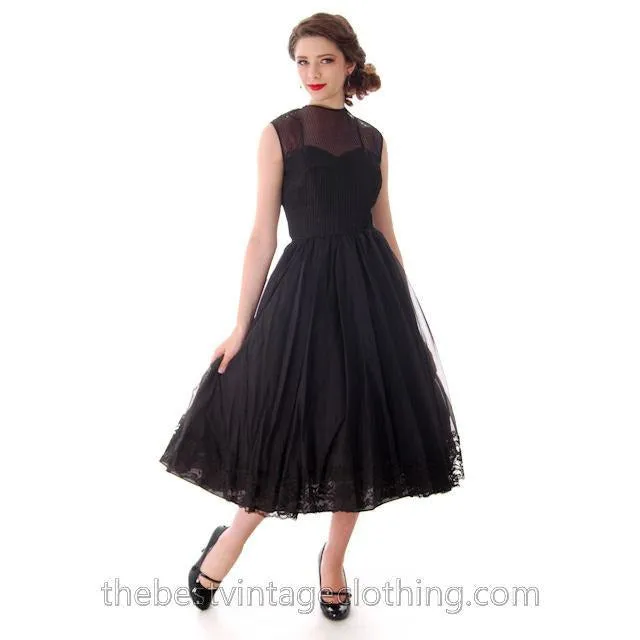 Vintage Dance Time by Phyllis Dress Black Sheer Full Skirt 1950s 31-24-FREE Small
