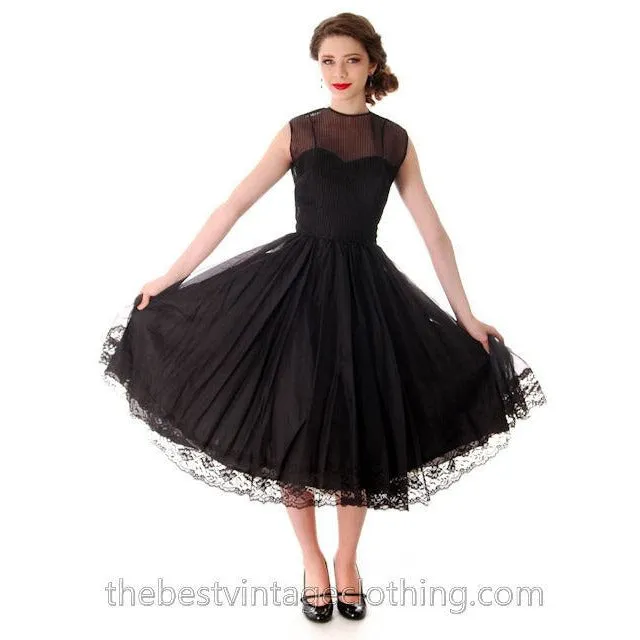 Vintage Dance Time by Phyllis Dress Black Sheer Full Skirt 1950s 31-24-FREE Small