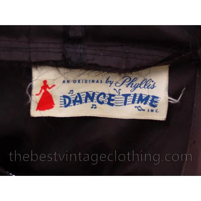 Vintage Dance Time by Phyllis Dress Black Sheer Full Skirt 1950s 31-24-FREE Small