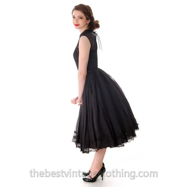 Vintage Dance Time by Phyllis Dress Black Sheer Full Skirt 1950s 31-24-FREE Small