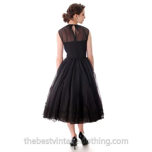 Vintage Dance Time by Phyllis Dress Black Sheer Full Skirt 1950s 31-24-FREE Small