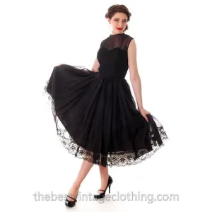 Vintage Dance Time by Phyllis Dress Black Sheer Full Skirt 1950s 31-24-FREE Small