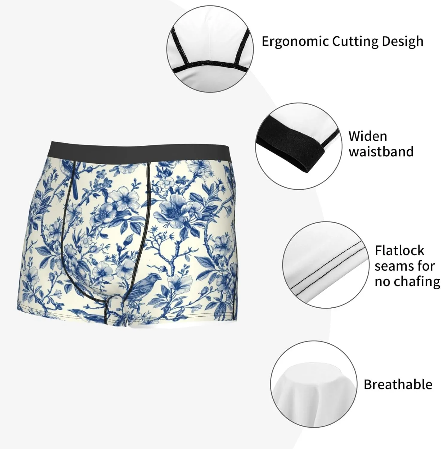 Vintage Floral Birds Print Boxer Briefs For Men Breathable Underwear-