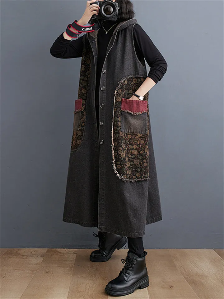 Vintage Floral Single Breasted Sleeveless Denim Hooded Coat