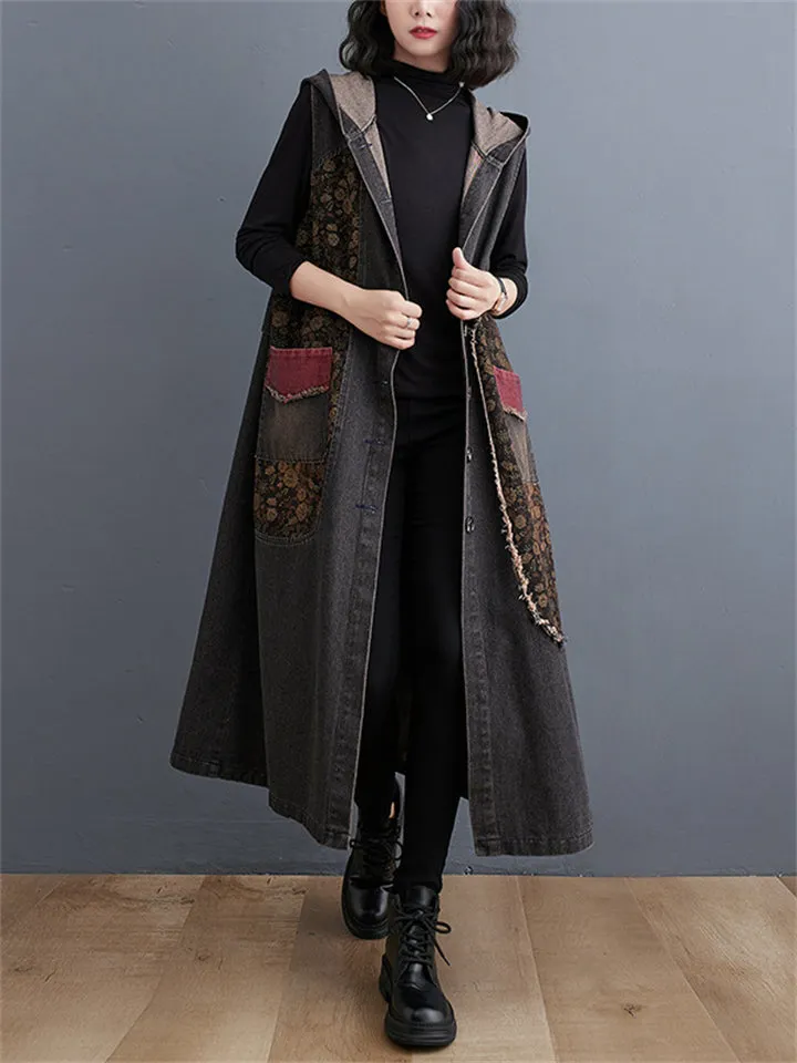 Vintage Floral Single Breasted Sleeveless Denim Hooded Coat