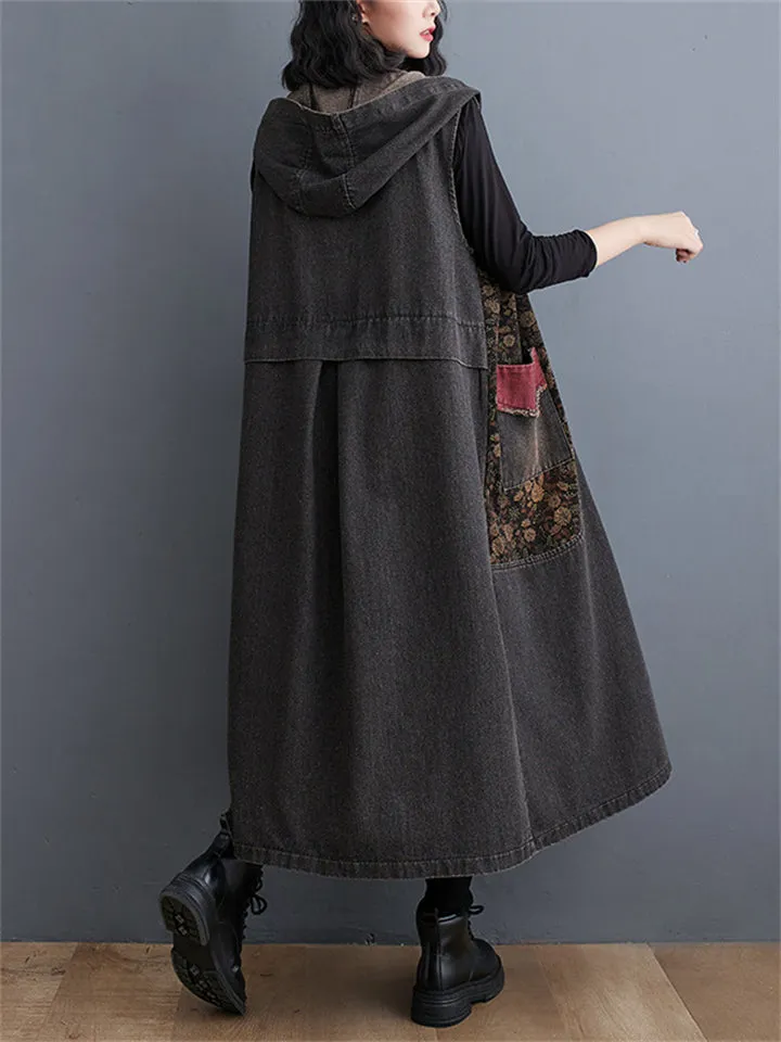 Vintage Floral Single Breasted Sleeveless Denim Hooded Coat
