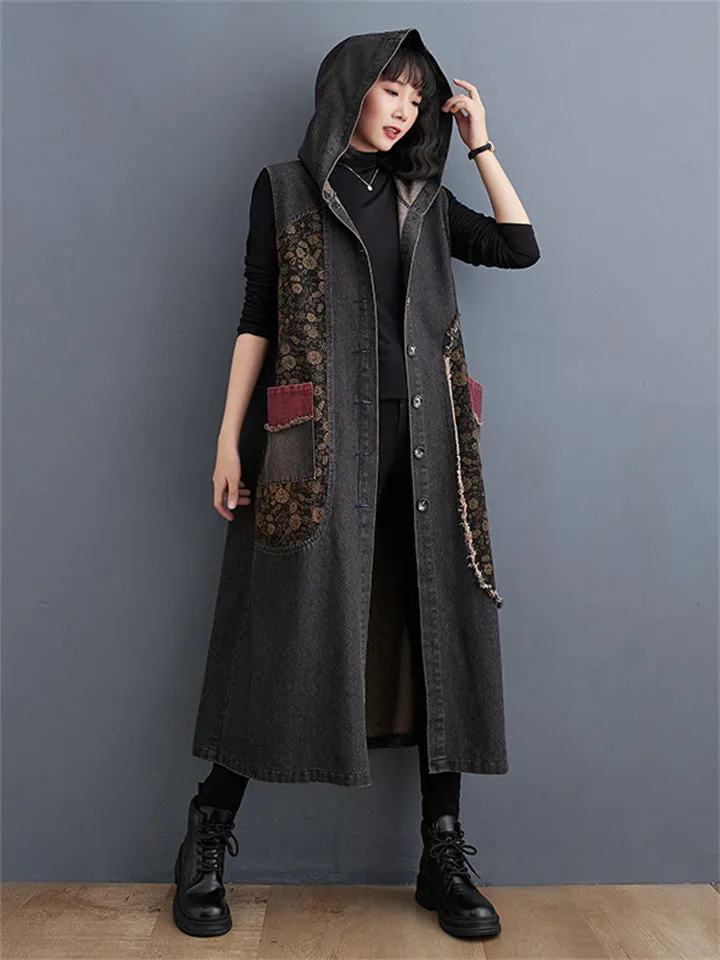 Vintage Floral Single Breasted Sleeveless Denim Hooded Coat
