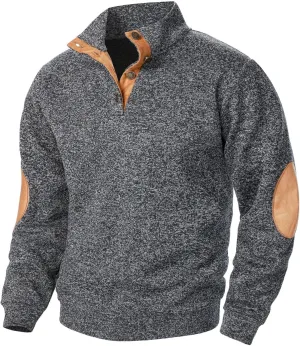Vintage Polo Sweatshirt for Men 2024 Trendy Stand Collar Long Sleeve Patterned Pullover Elbow Patch Button Casual Top