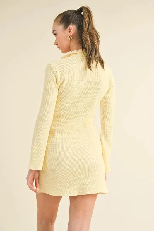 Waffle Knit Collared Bell Sleeve Dress Yellow
