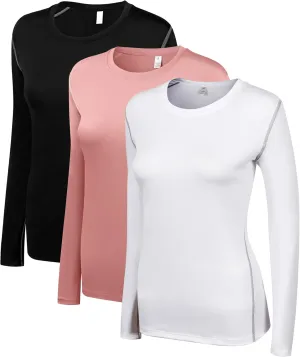 WANAYOU Women's 2-3 Pack Compression Shirt Long Sleeve Dry Fit Workout Tops Breathable Performance Running Athletic T-Shirt