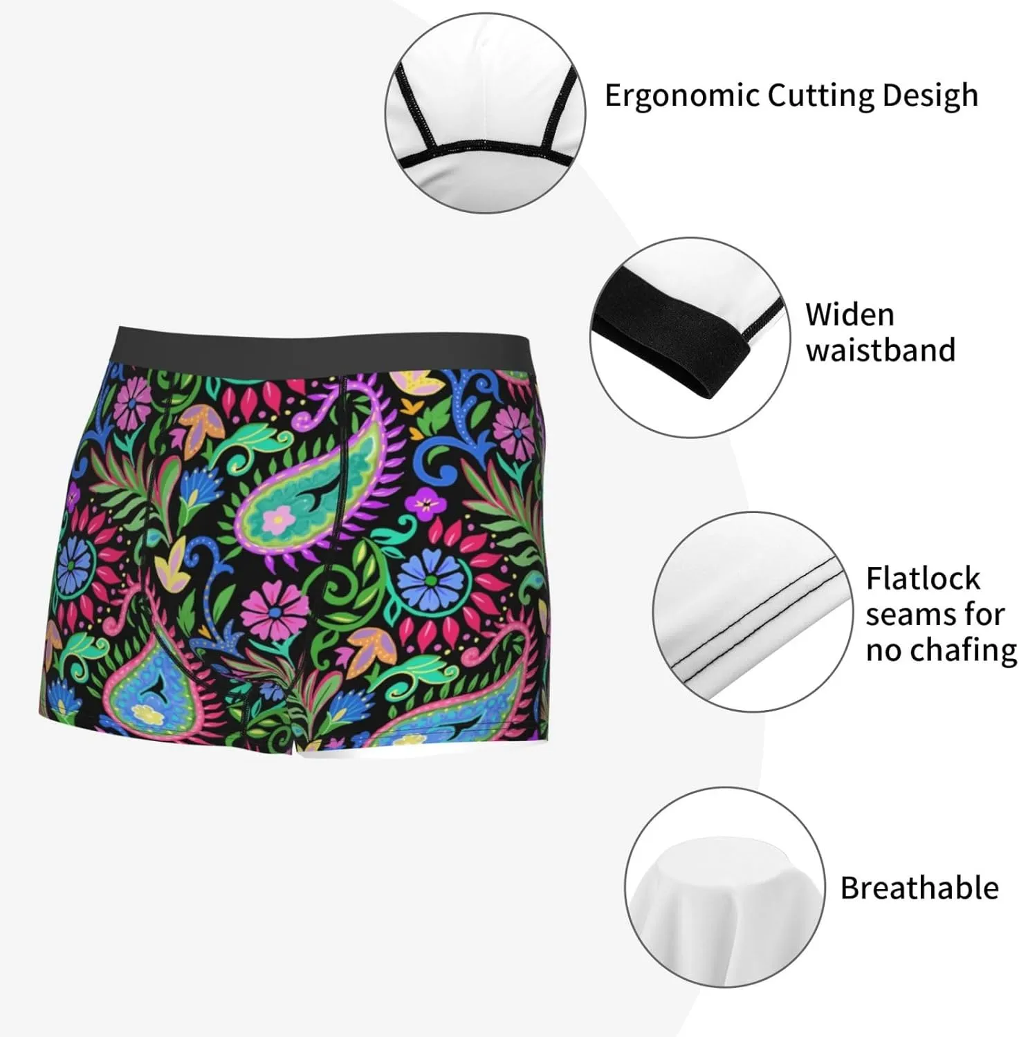 Watercolor Floral Paisley Print Boxer Briefs For Men Breathable Underwear-