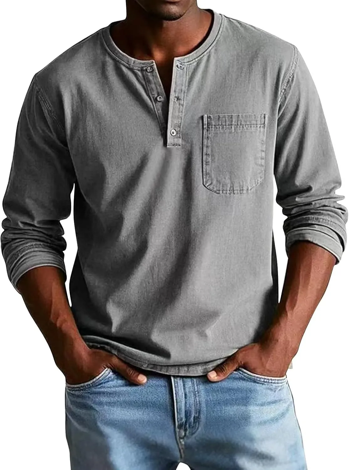 WENKOMG1 Mens Casual Henleys Lightweight Breathable Long Sleeve V Neck Henley Shirts Slim Fit Pullovers