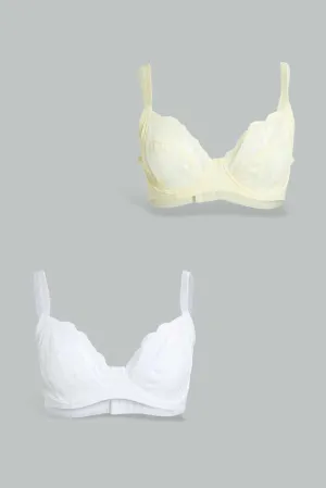 White And Yellow Lace Non Padded Bra (Pack of 2)