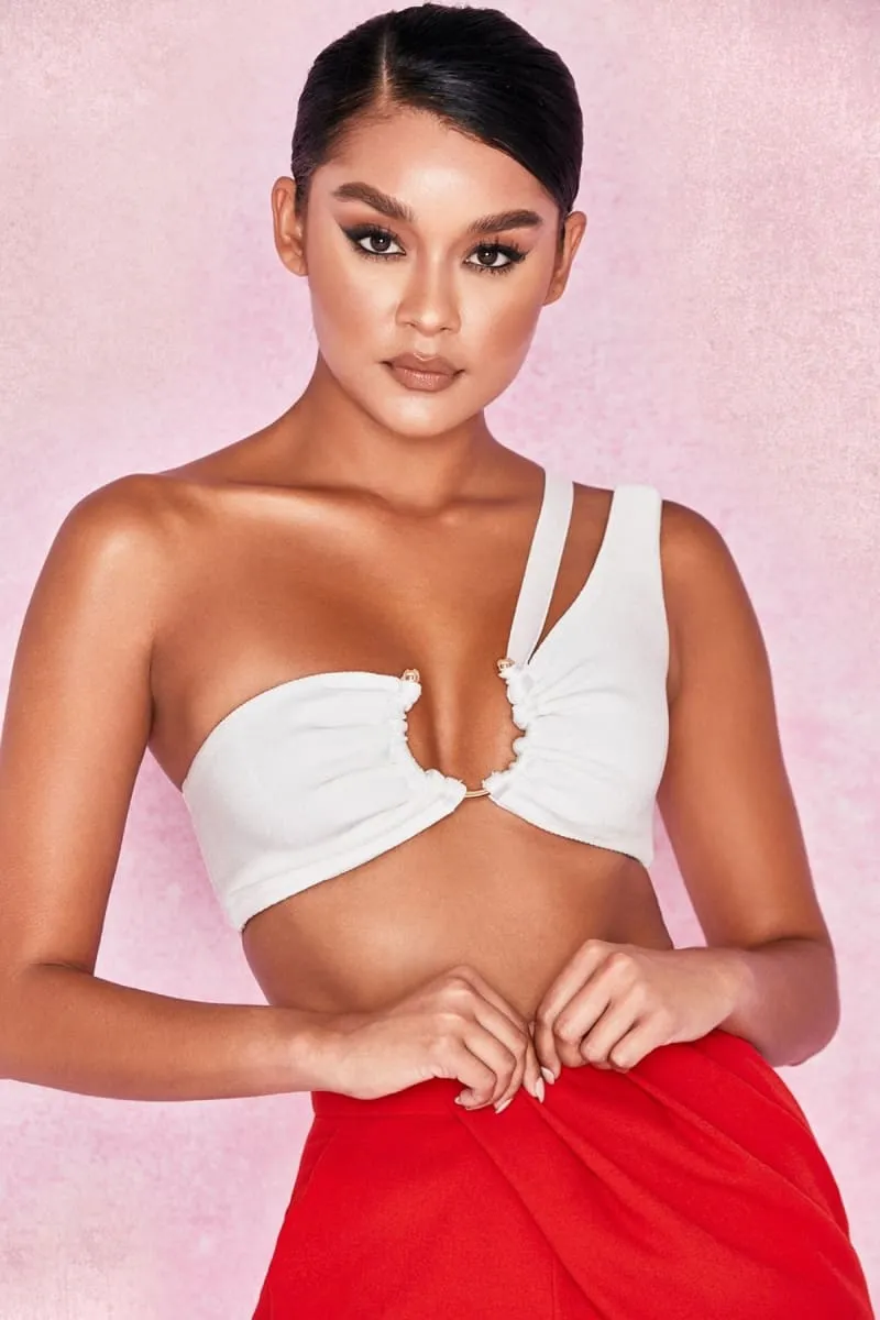 White One Shoulder Ring Crop Top