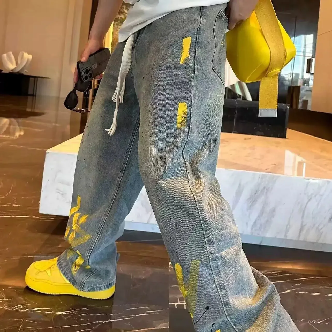 Wiaofellas  -  Men's graffiti print jeans Men's High Street style hip hop pants straight leg baggy cargo jeans
