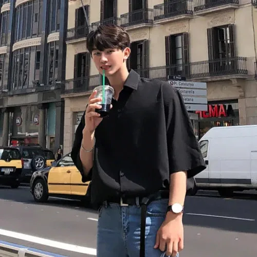 WIAOFELLAS   -  Summer Men's Fashion Loose Solid Color Shirts Male Korean Short Sleeve Thin Shirts Men Single Breasted Casual Shirts V59
