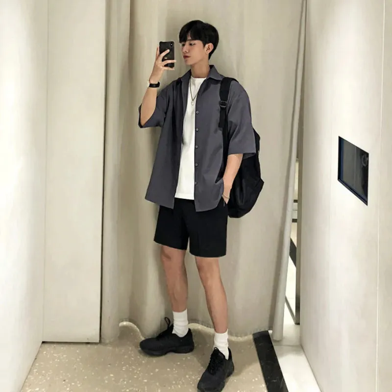 WIAOFELLAS   -  Summer Men's Fashion Loose Solid Color Shirts Male Korean Short Sleeve Thin Shirts Men Single Breasted Casual Shirts V59