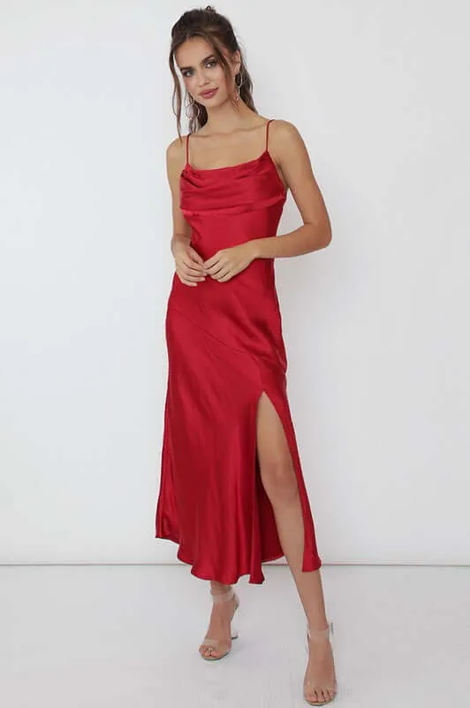 Wine Red Satin Side Slit Cocktail Party  Midi Dress