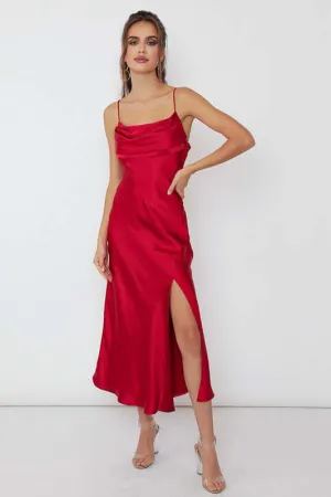 Wine Red Satin Side Slit Cocktail Party  Midi Dress