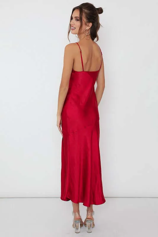 Wine Red Satin Side Slit Cocktail Party  Midi Dress