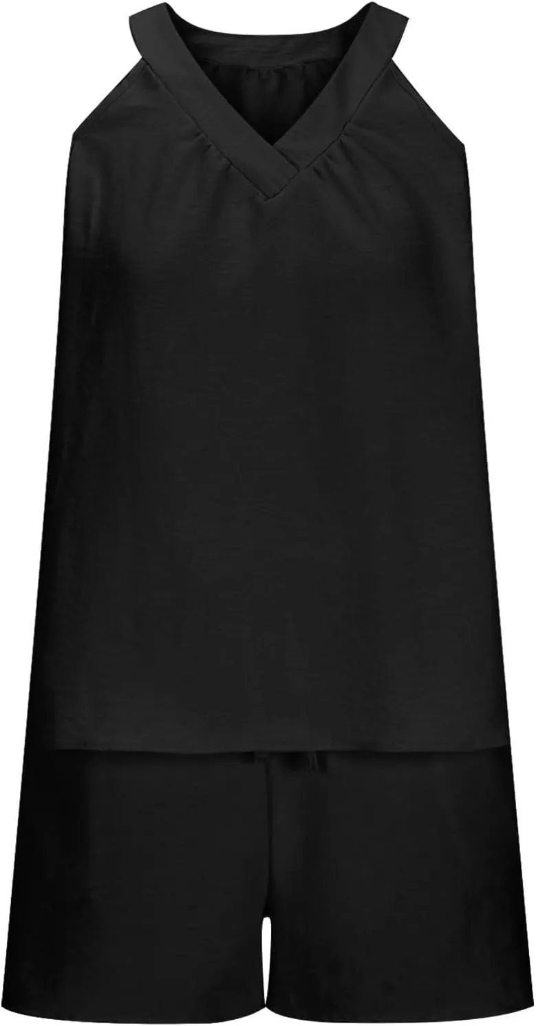 Women 2 Piece Lounge Sets Cute Sleepwear 2025 Summer Outfits Soft Pajama V Neck Cami Tank Pj Shorts Set With Pockets