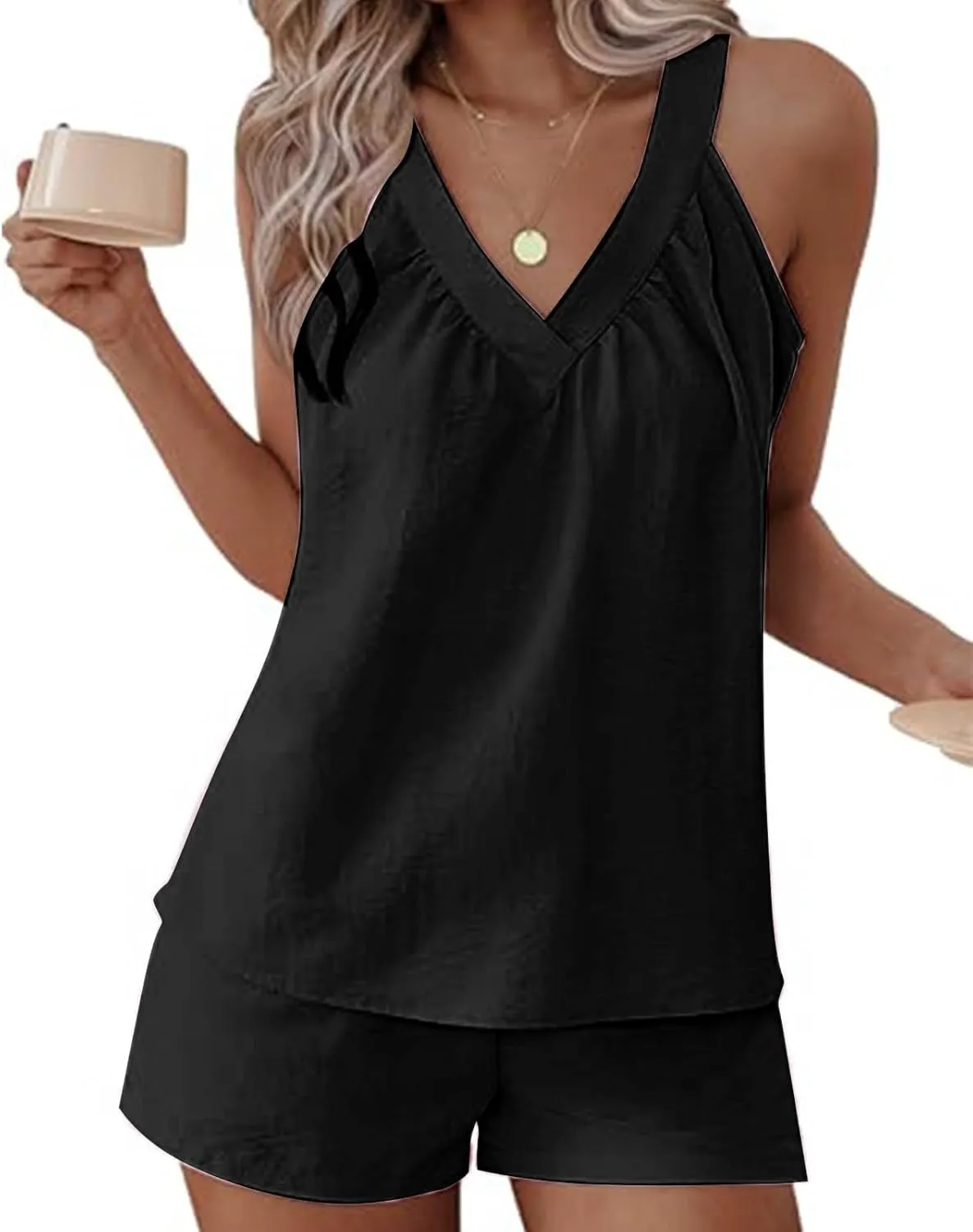 Women 2 Piece Lounge Sets Cute Sleepwear 2025 Summer Outfits Soft Pajama V Neck Cami Tank Pj Shorts Set With Pockets