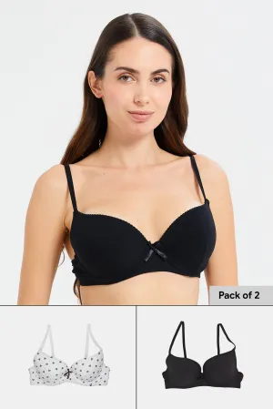Women Black And White Bow Plunge Bras (Pack of 2)