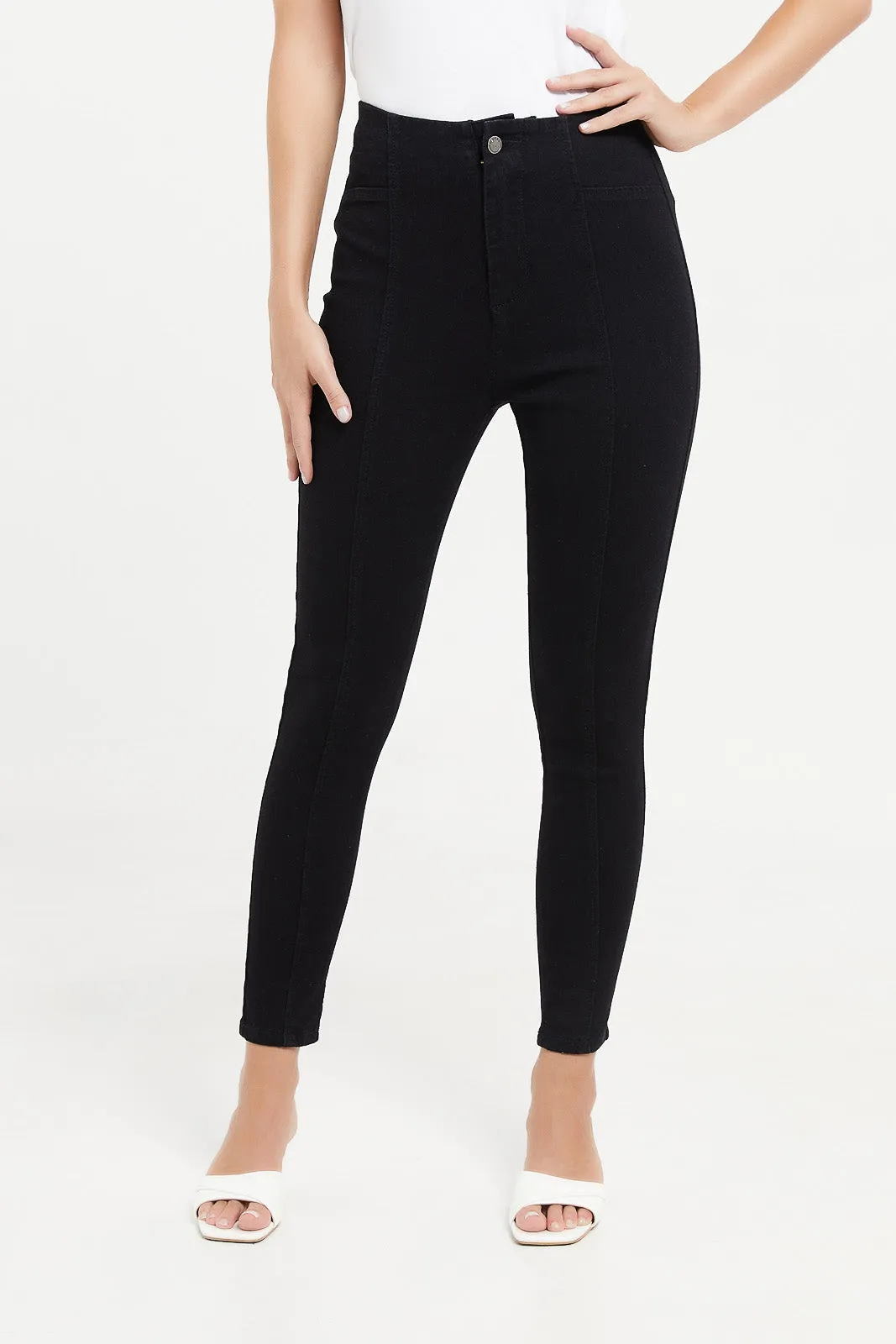 Women Black High Waist Button Detail Jeggings