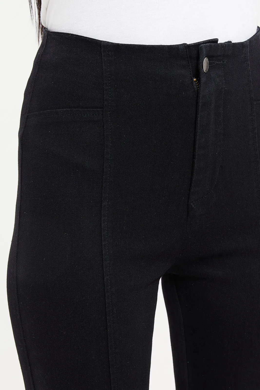 Women Black High Waist Button Detail Jeggings