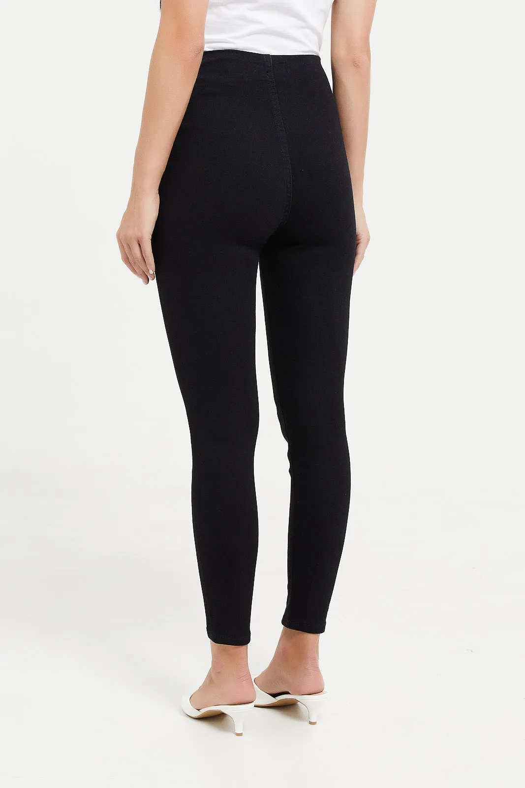 Women Black High Waist Button Detail Jeggings