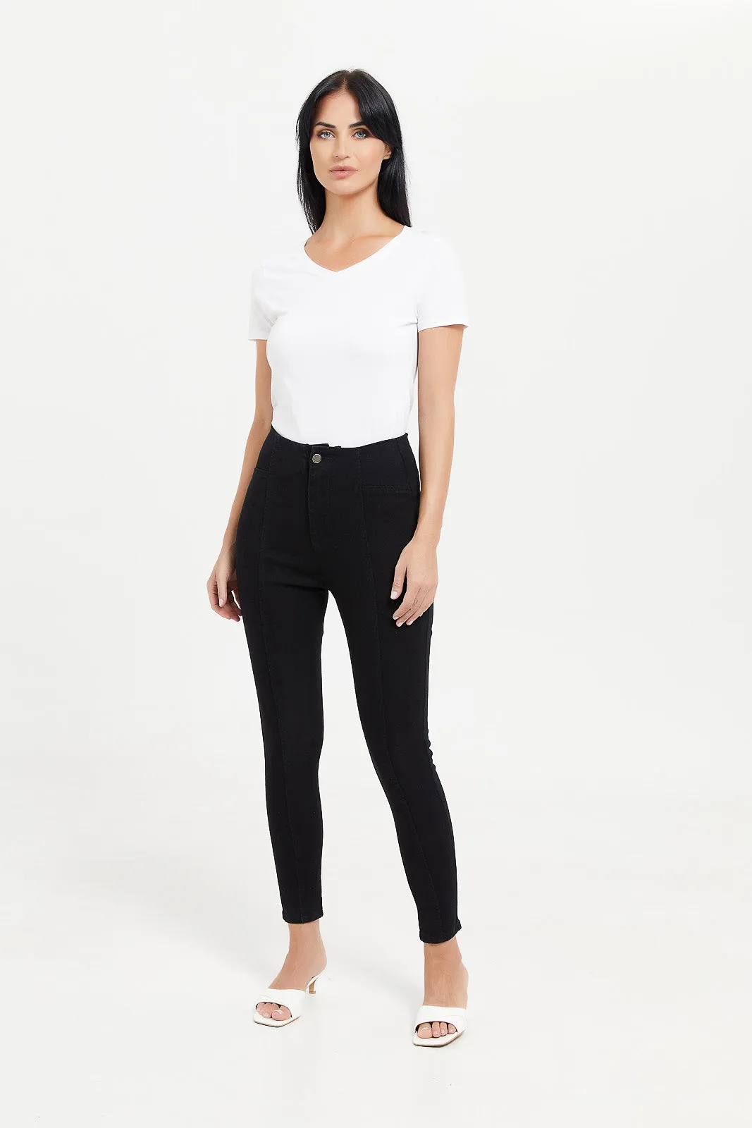 Women Black High Waist Button Detail Jeggings