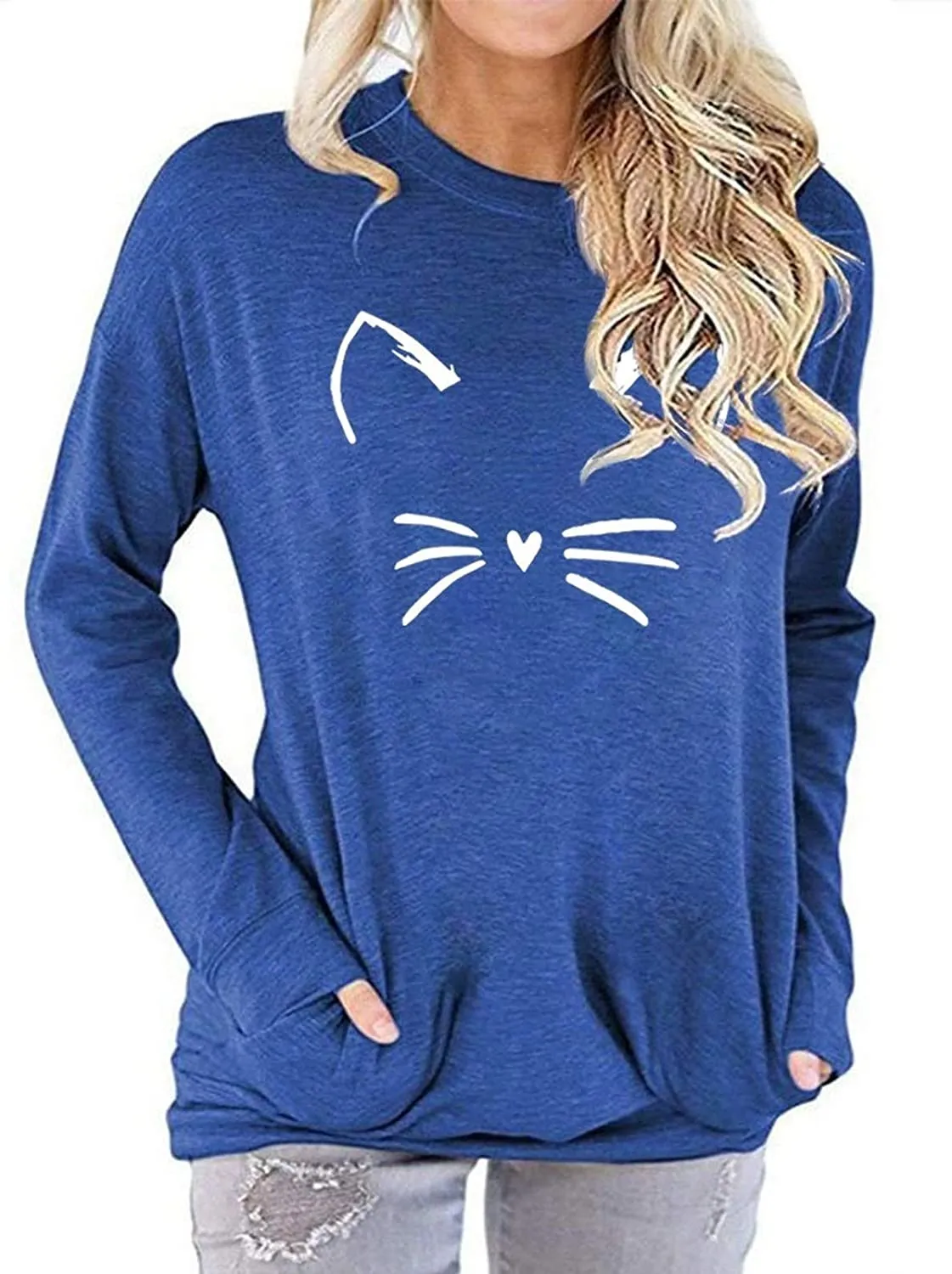 Women Cat Blouse with Pockets Meow Shirt