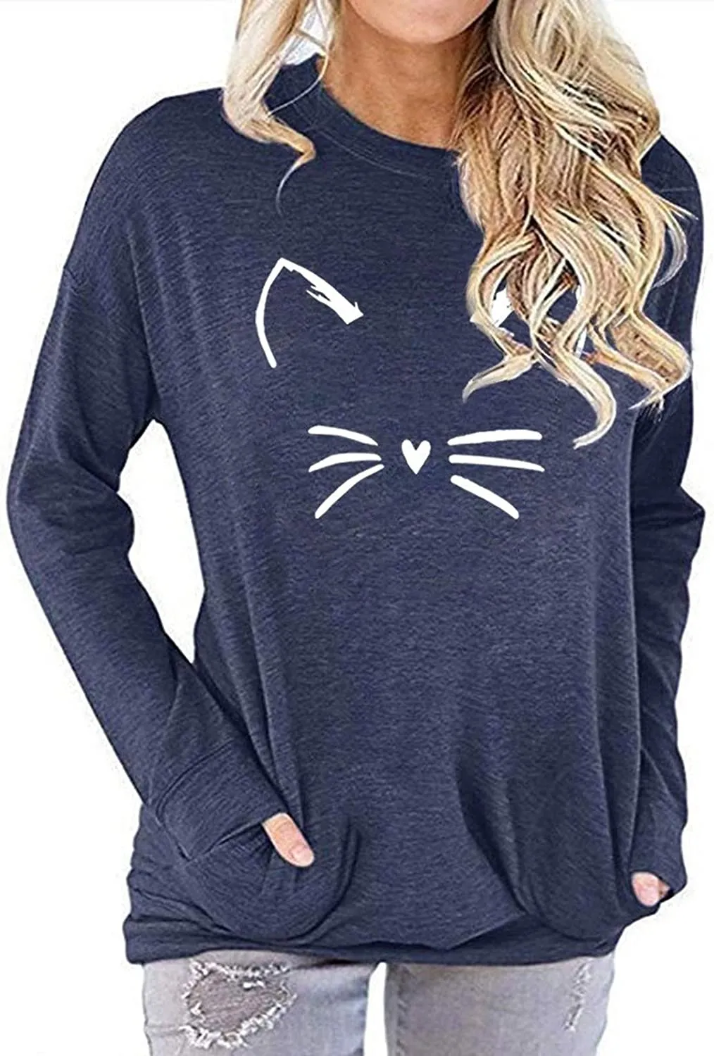 Women Cat Blouse with Pockets Meow Shirt