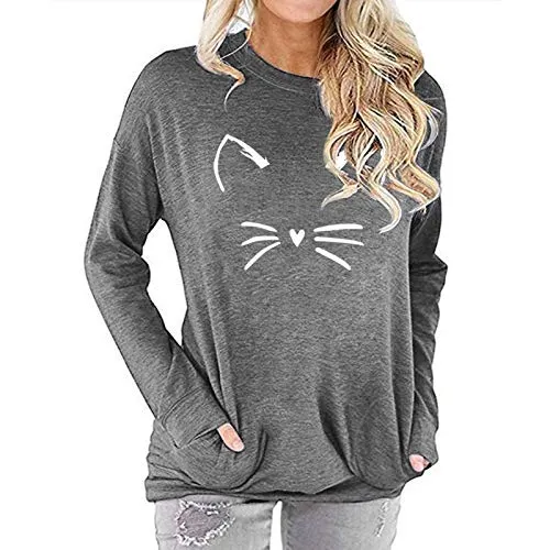 Women Cat Blouse with Pockets Meow Shirt