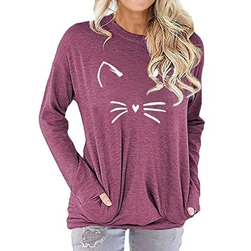 Women Cat Blouse with Pockets Meow Shirt